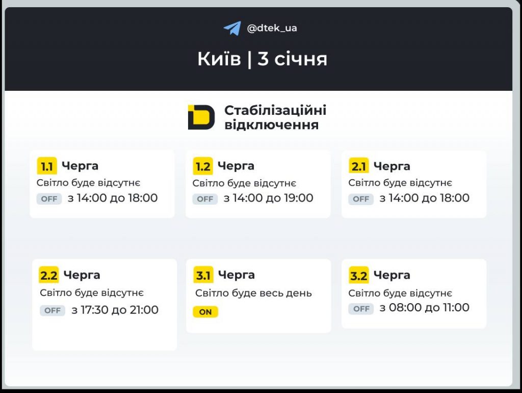 Коли в Києві відключатимуть світло 3 січня: розклад стабілізаційних відключень
