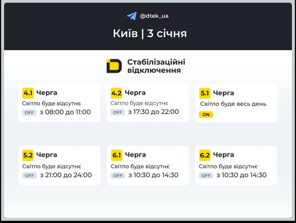 Коли в Києві відключатимуть світло 3 січня: розклад стабілізаційних відключень