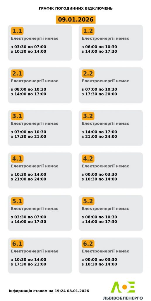 Погодинні відключення світла у Львові та області: графік на 9 січня