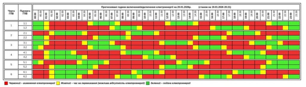 Графік відключень світла на Тернопільщині 20 січня: години та черги