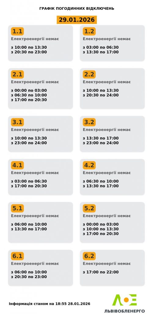 На Львівщині 29 січня діятимуть погодинні відключення світла: графік на день