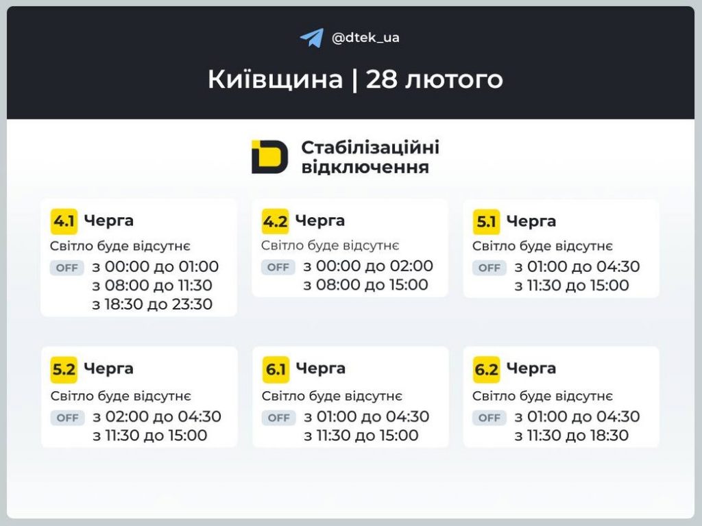 Коли не буде світла у Київській області 28 лютого: актуальний графік ДТЕК