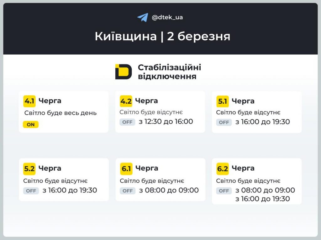 Погодинні відключення світла на Київщині 2 березня – актуальний графік ДТЕК