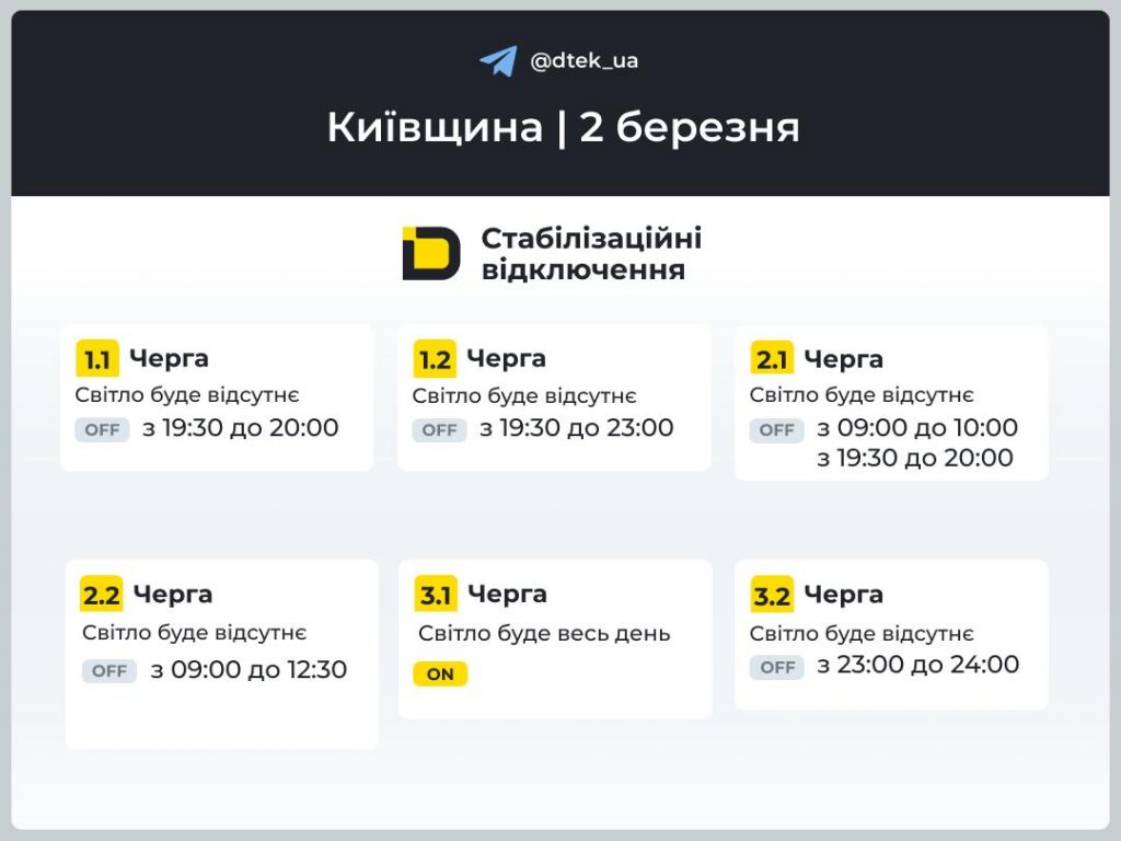 Погодинні відключення світла на Київщині 2 березня – актуальний графік ДТЕК