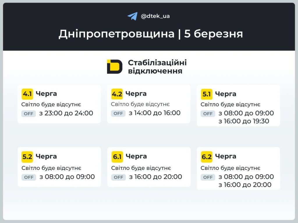 Погодинні відключення світла на Дніпропетровщині 5 березня — графік ДТЕК і ЦЕК по чергах