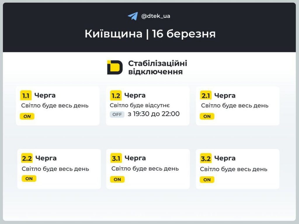Графіки відключення світла у Київській області 16 березня: які черги без електрики сьогодні