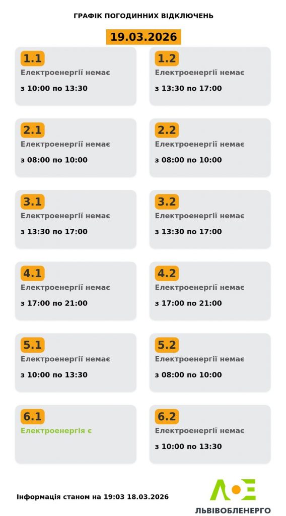 Коли не буде світла на Львівщині 19 березня: години та черги відключень