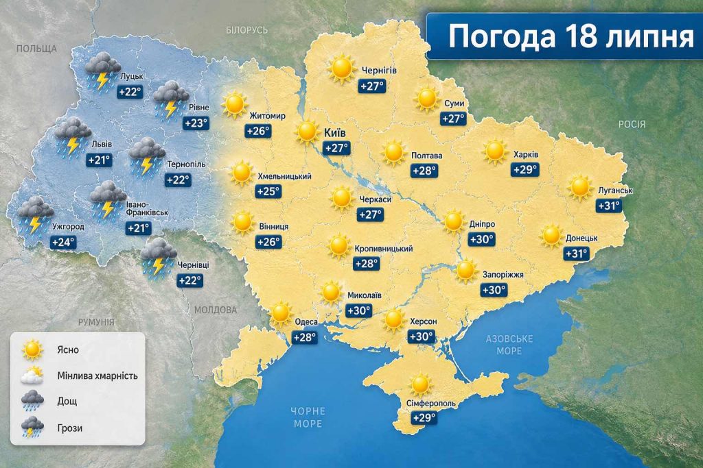 Погода в Україні на вихідних: які області накриють грози 18–19 липня, а де буде спека