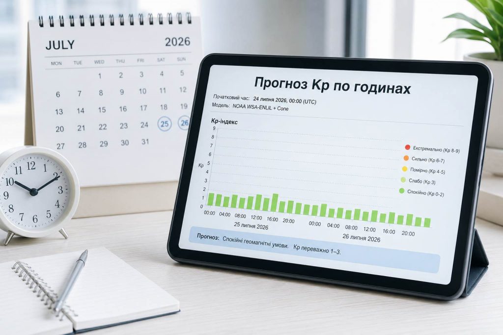 Магнітні бурі 25–26 липня: свіжий прогноз Kp по годинах, піки та поради
