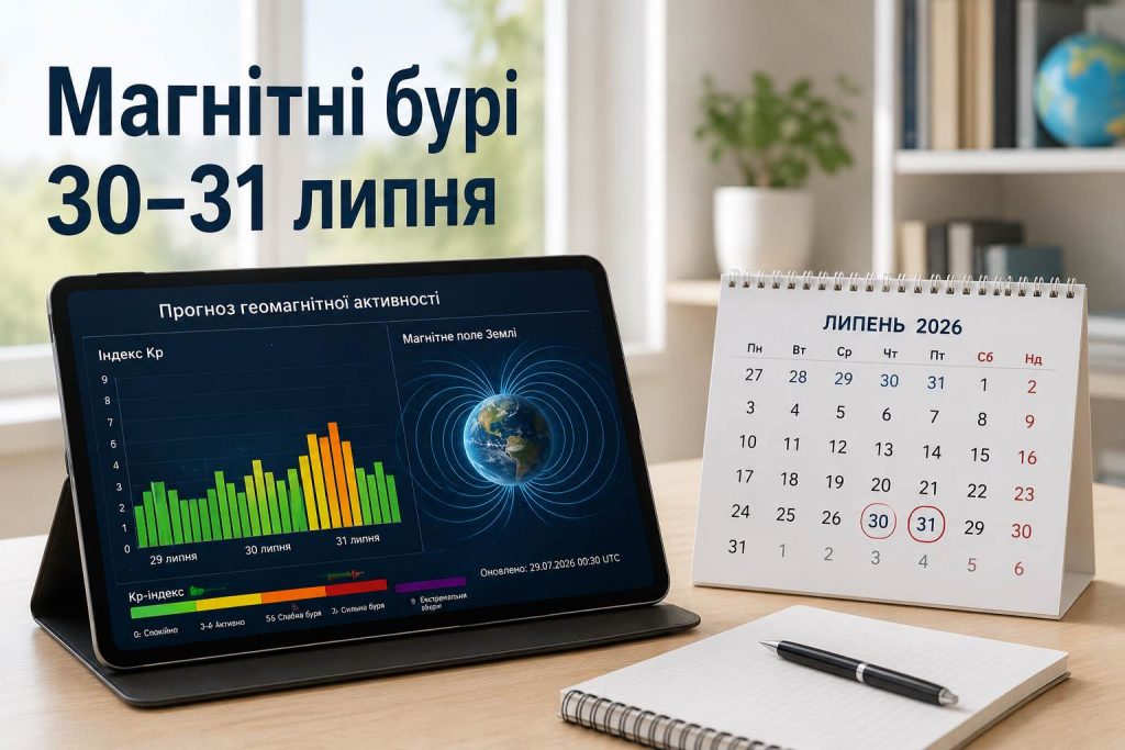 Магнітні бурі 30–31 липня: свіжий прогноз Kp та пікові години в Україні