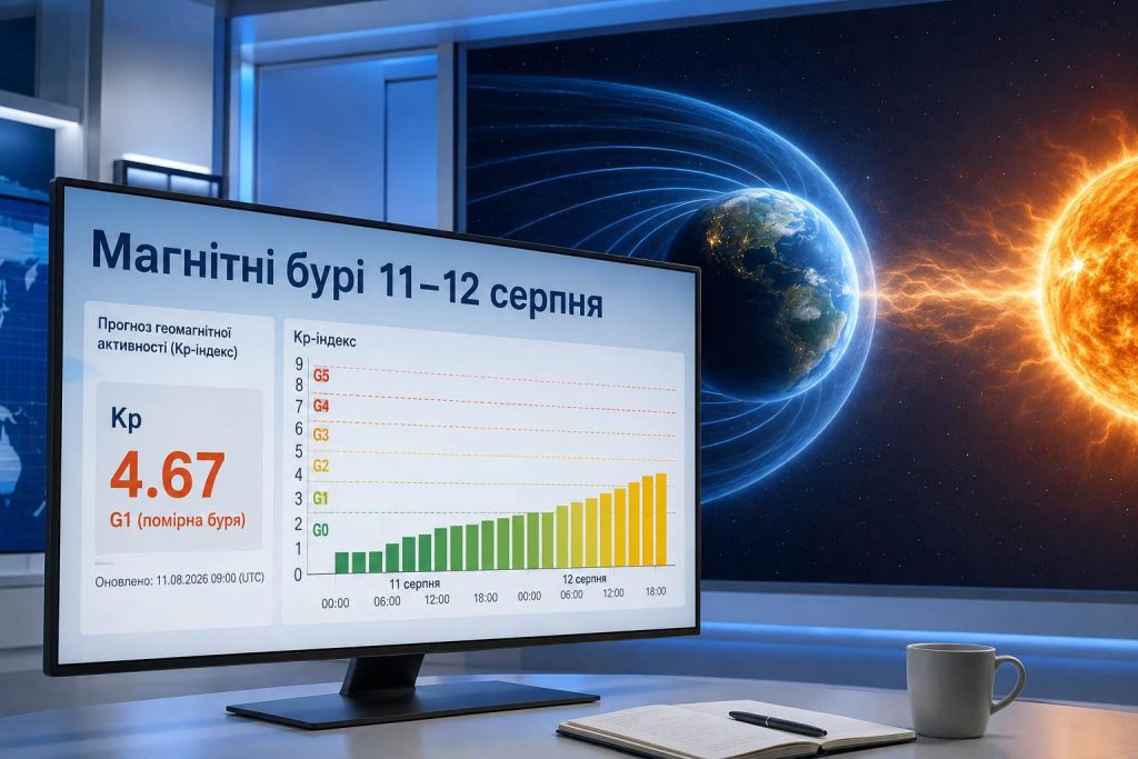 Коли буде магнітна буря 11–12 серпня: погодинний Kp і пік активності в Україні