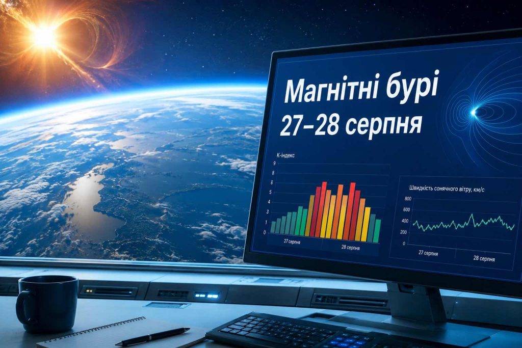 Магнітні бурі 27–28 серпня 2026: Kp підскочить до 4 — погодинний прогноз і час піку Магнітні бурі 27–28 серпня 2026: Kp підскочить до 4 — погодинний прогноз і час піку