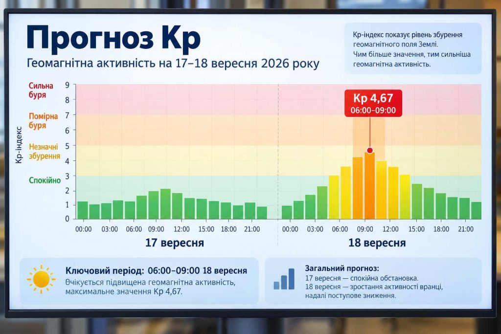 Магнітні бурі 17–18 вересня 2026: коли буде пік Kp та чого чекати метеозалежним