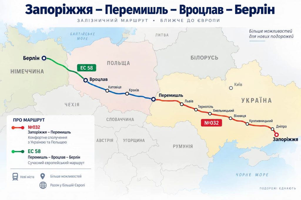 Потяг №032 та EC 58 Запоріжжя – Перемишль – Вроцлав – Берлін: розклад, квитки та ціна в 2026 році