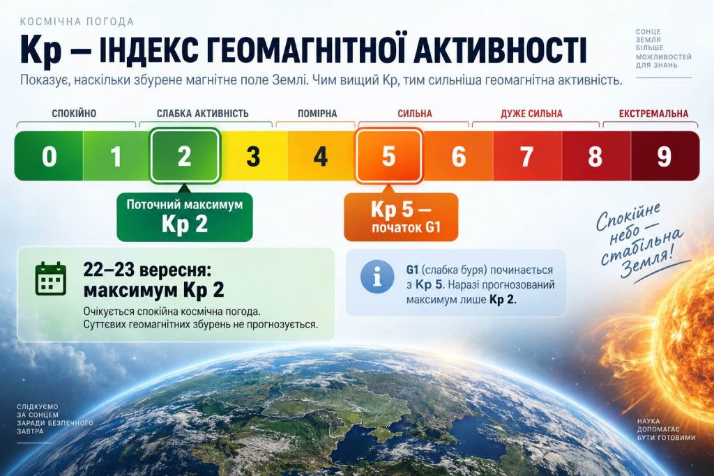 Магнітна буря 22–23 вересня 2026: свіжий прогноз Kp для України по годинах