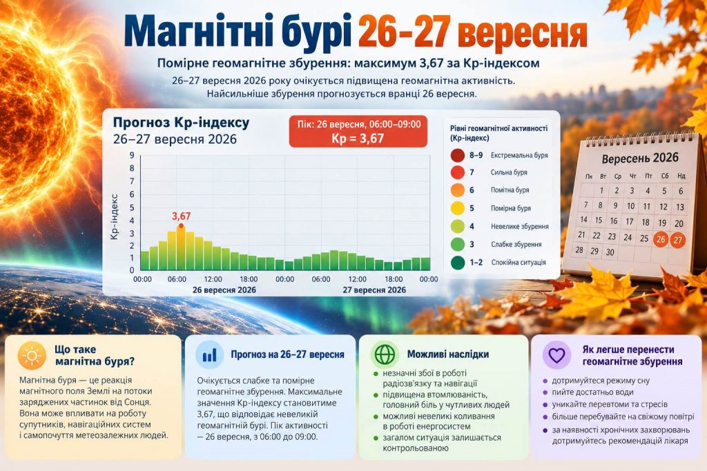 Магнітні бурі 26–27 вересня: свіжий прогноз Kp та пікові години вихідних Магнітні бурі 26–27 вересня: свіжий прогноз Kp та пікові години вихідних