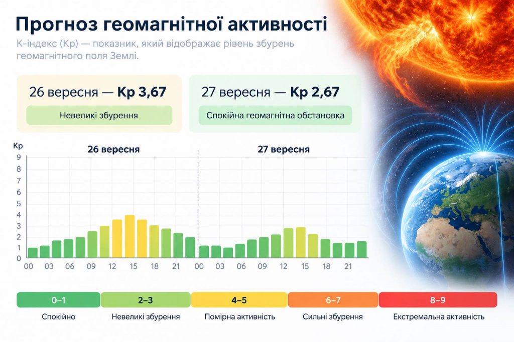 Магнітні бурі 26–27 вересня: свіжий прогноз Kp та пікові години вихідних