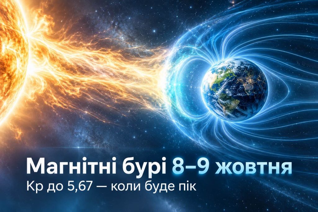 Магнітні бурі 8–9 жовтня: точний прогноз Kp по годинах — коли найсильніше накриє Україну