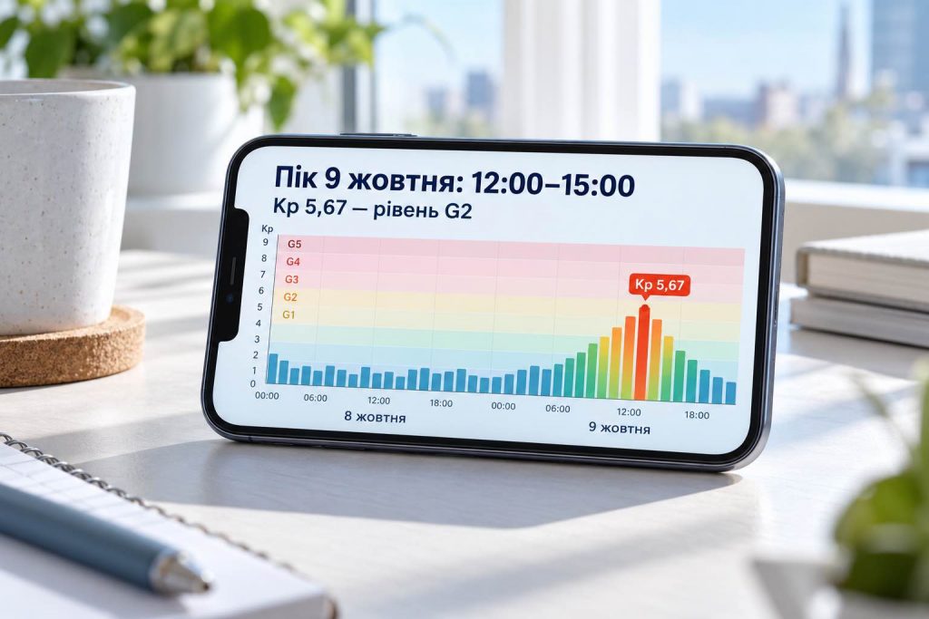 Магнітні бурі 8–9 жовтня: точний прогноз Kp по годинах — коли найсильніше накриє Україну