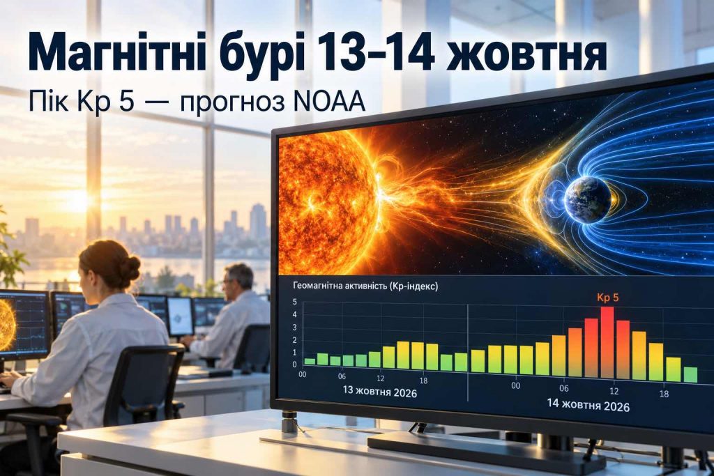 Магнітні бурі 13–14 жовтня 2026: коли Kp досягне 5 та в які години буде найсильніший пік Магнітні бурі 13–14 жовтня 2026: коли Kp досягне 5 та в які години буде найсильніший пік