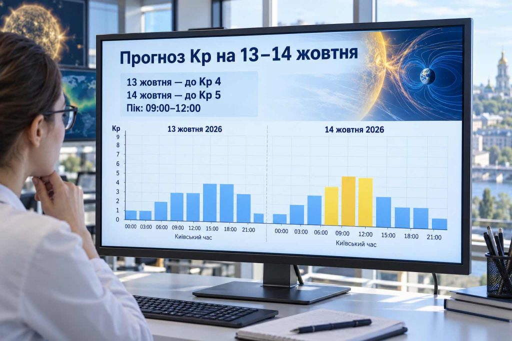 Магнітні бурі 13–14 жовтня 2026: коли Kp досягне 5 та в які години буде найсильніший пік