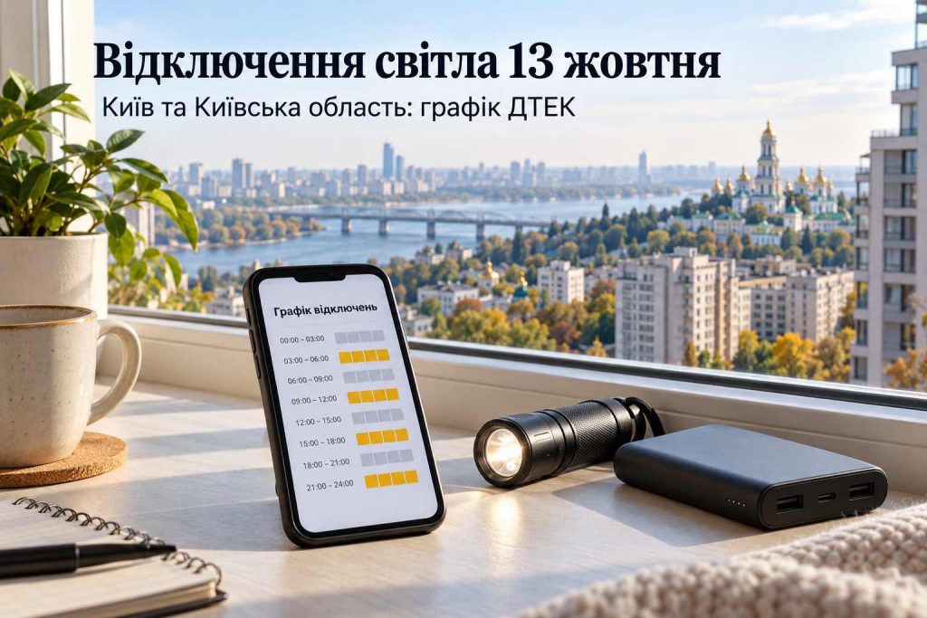 Відключення світла у Києві та області 13 жовтня 2026: повний графік ДТЕК по чергах