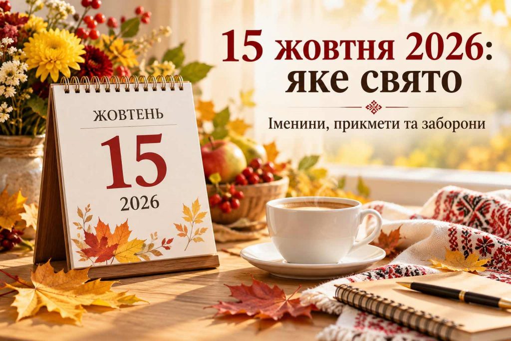 Яке свято 15 жовтня 2026 року: церковний календар, День ангела, народні прикмети та заборони Яке свято 15 жовтня 2026 року: церковний календар, День ангела, народні прикмети та заборони