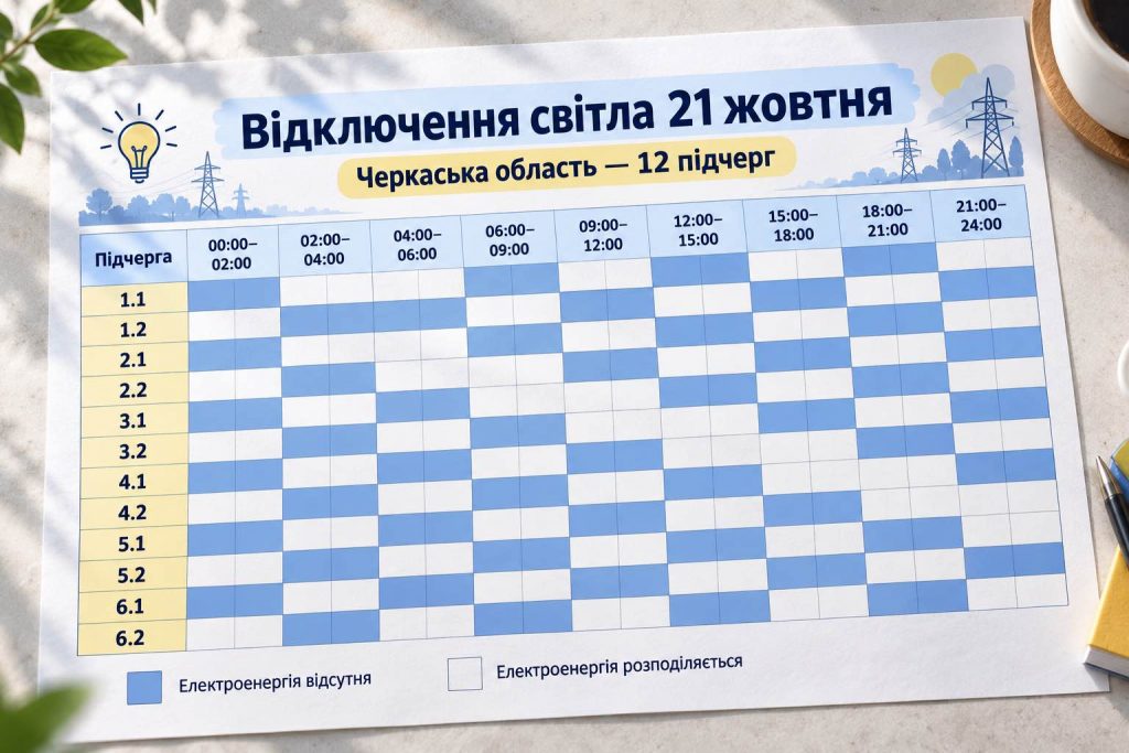 Відключення світла на Черкащині 21 жовтня: коли не буде світла — повний розклад