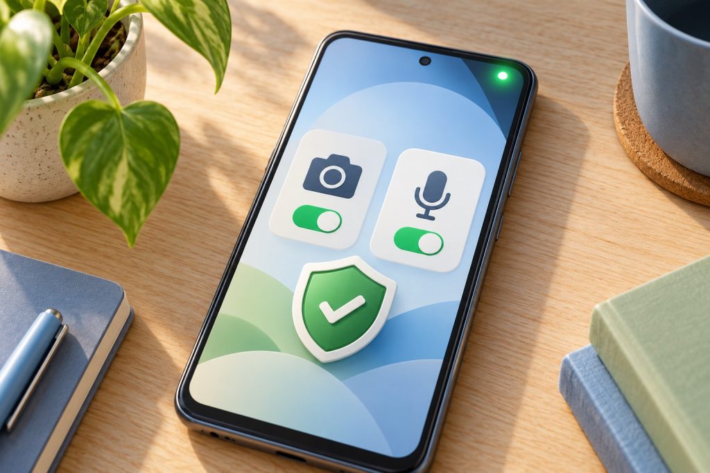 Хто має доступ до камери й мікрофона на Android: як перевірити дозволи Смартфон з умовними піктограмами камери, мікрофона й налаштувань приватності