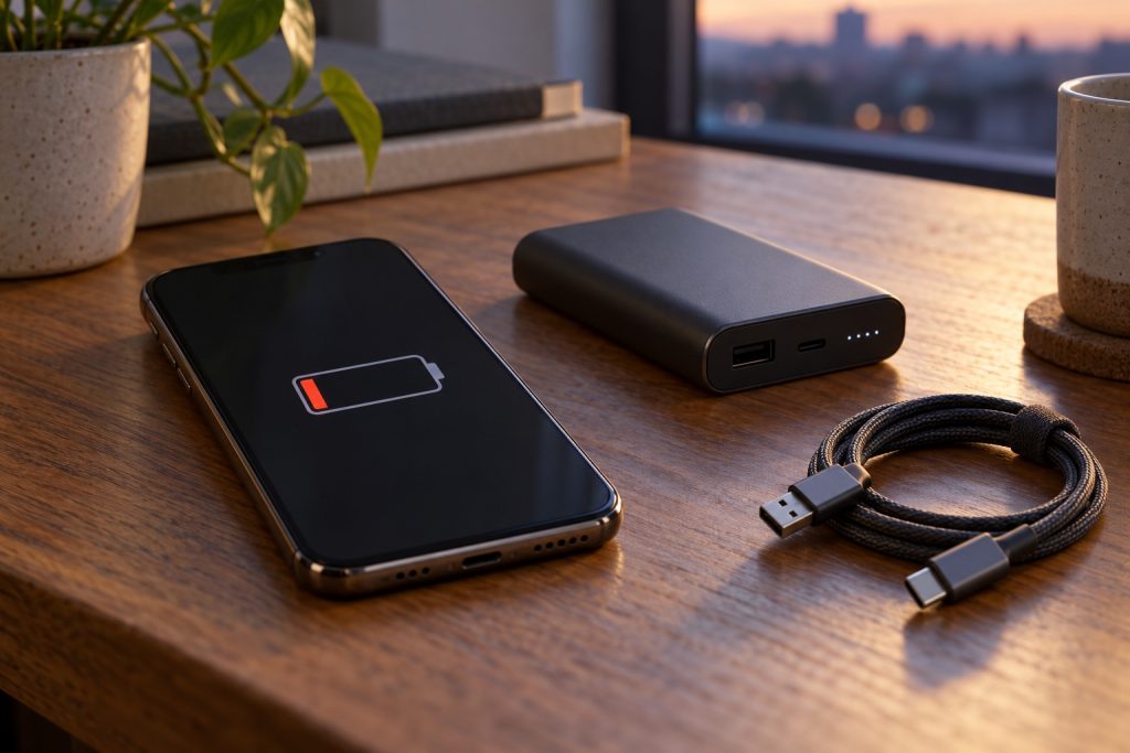 Як зберегти заряд смартфона, коли розетки поруч немає Смартфон із умовним значком низького заряду поруч із павербанком і кабелем