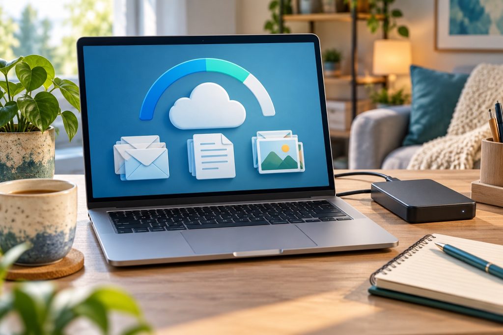 Закінчилося місце в Gmail: як звільнити сховище Google без втрати важливих файлів Ноутбук з умовною шкалою хмарного сховища та піктограмами листів, файлів і фотографій