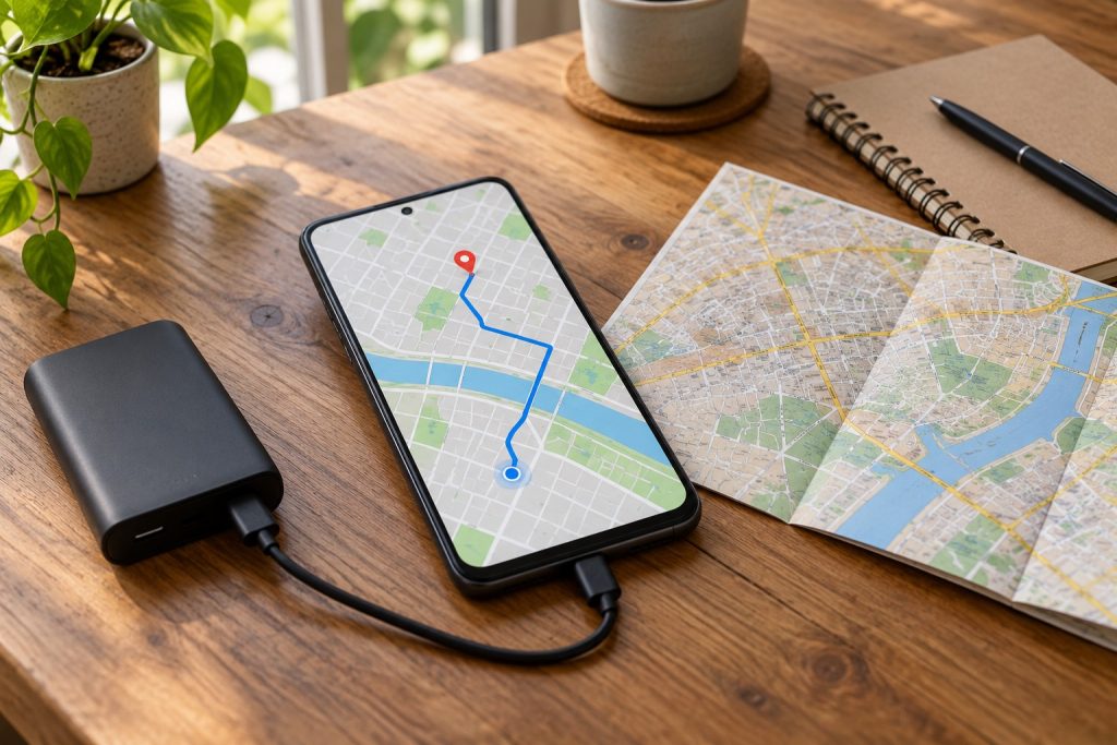 Google Maps без інтернету: як завантажити офлайн-карти на Android та iPhone Смартфон із умовною картою маршруту поруч із павербанком і паперовою картою